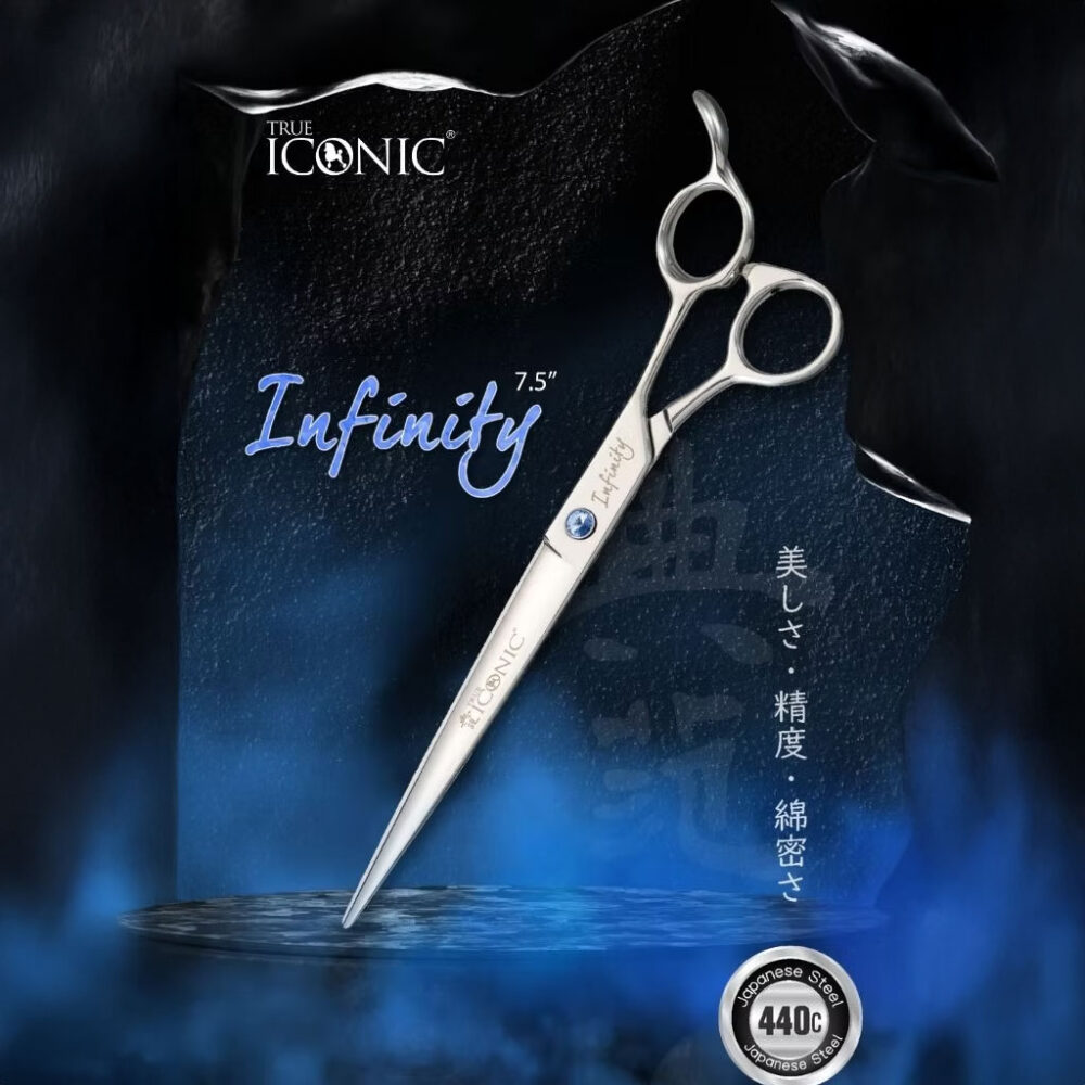 Profesjonalne nożyczki TrueIconic Infinity 7,5″ do gęstej sierści. Długie ostrza, wysoka precyzja i ergonomia do pracy salonowej i wystawowej.